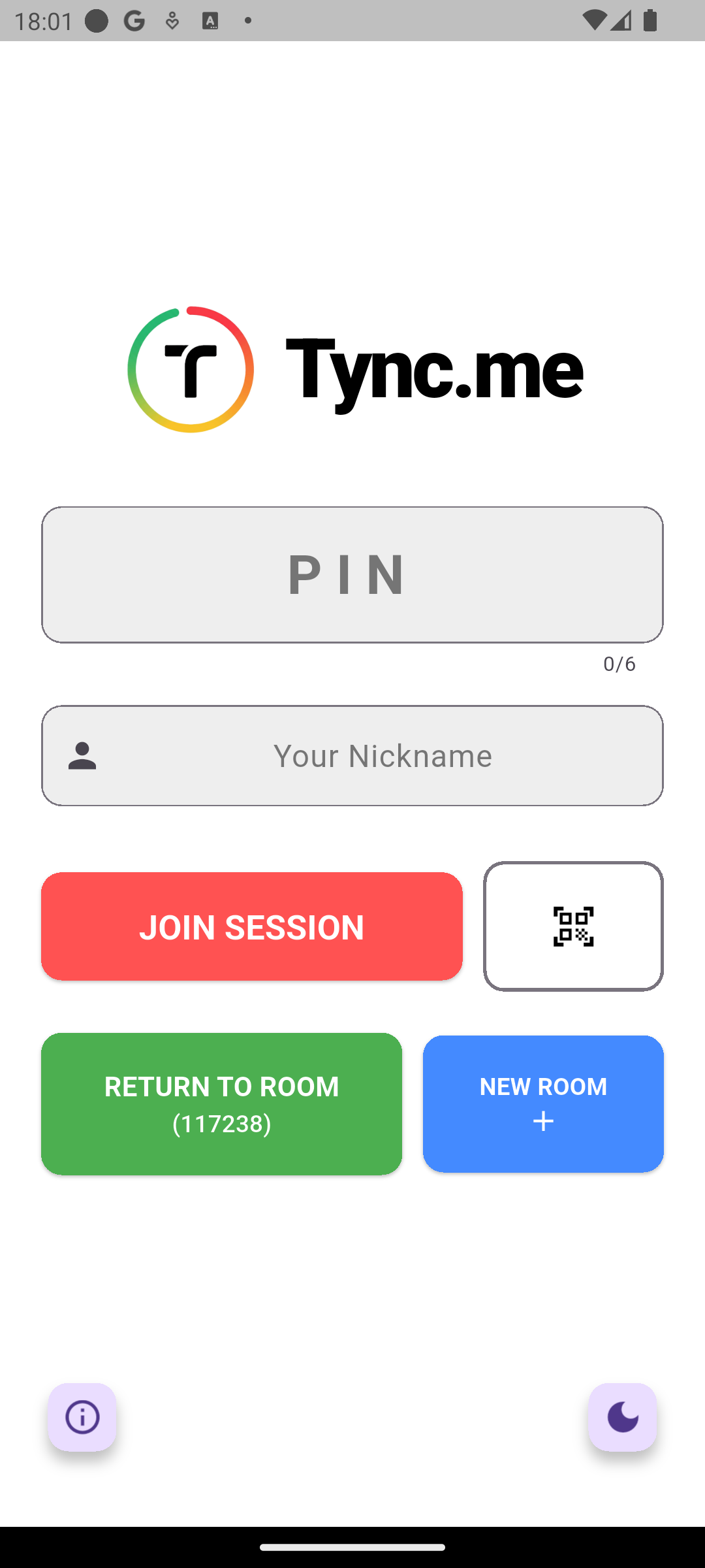 Tync.me mobile interface on iPhone - Join Room Screen